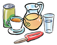 Boisson gazéifiée, thé, jus, eau et bâtonnet glacé