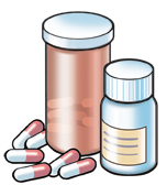 Imagen donde se observan dos frascos de medicamentos y algunas pastillas.