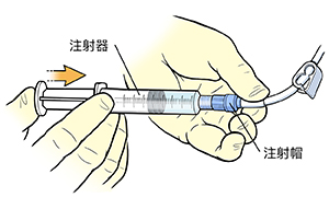 使用注射器將溶液注入導管注射帽的手的特寫。